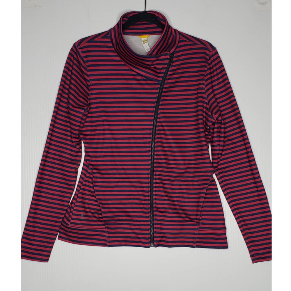 Lole Essential Jacket Stripe Navy Pink Full Zip Moto Jacket Activewear Gym Large